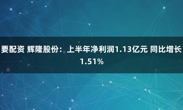 要配资 辉隆股份：上半年净利润1.13亿元 同比增长1.51%